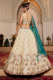 Designer Tissue Embroidered Lehenga Choli with Matching Dupatta – Cream & Teal
