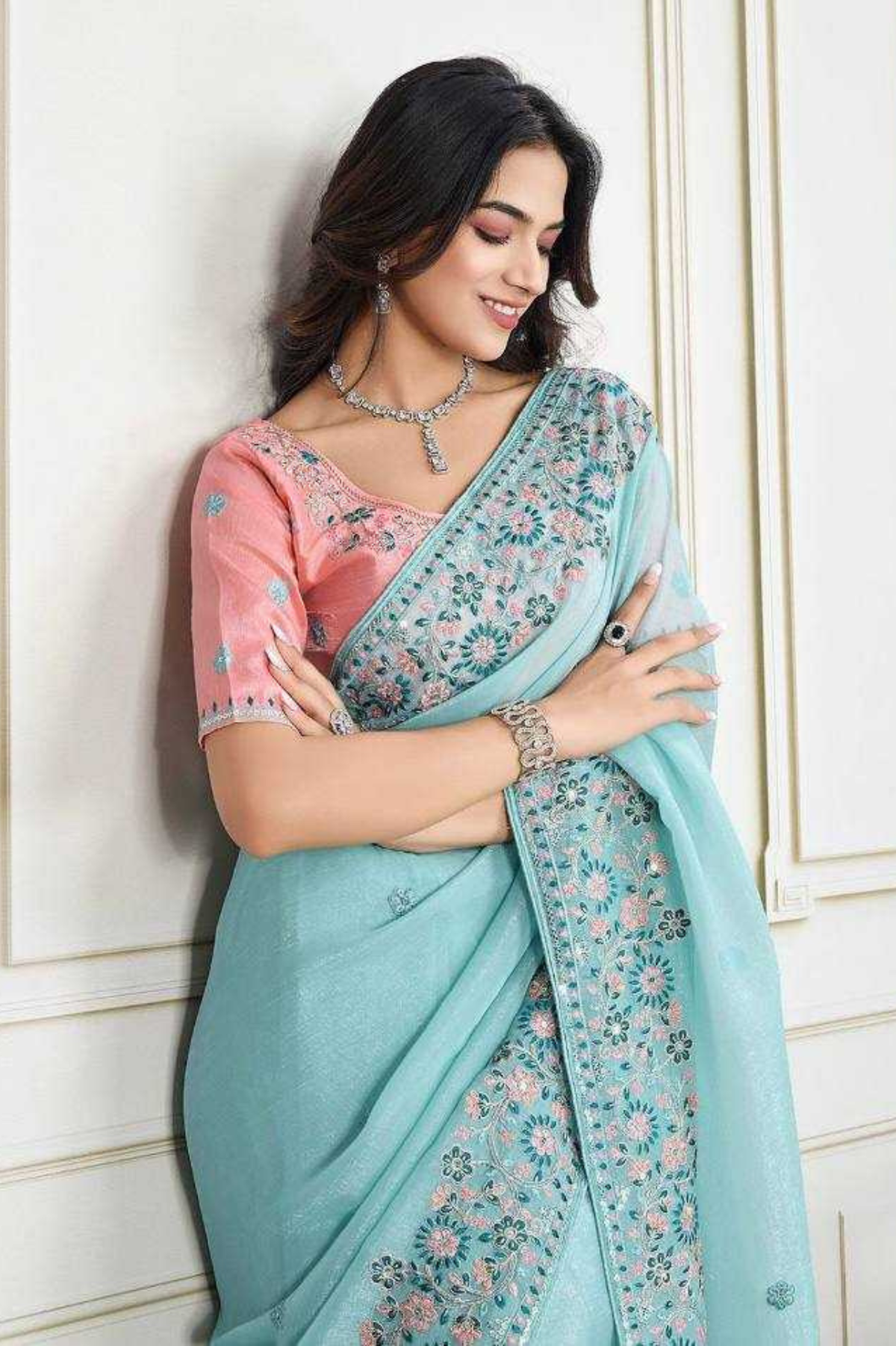 Crunchy Silk Saree with Embroidered C-Pallu Border & Banglory Silk Blouse