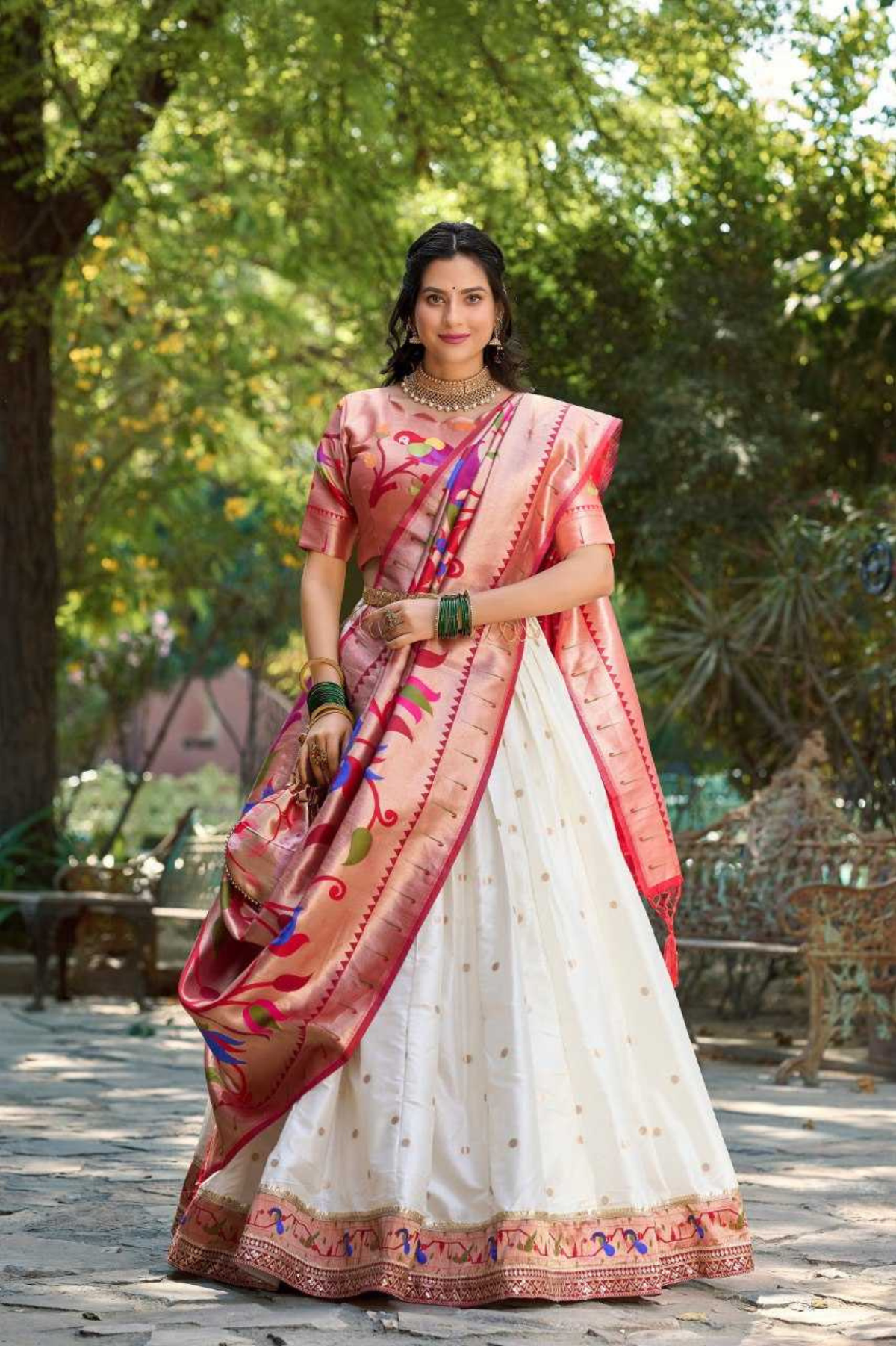 Traditional Paithani Jacquard Silk Lehenga Choli with Zari Weaving & Premium Batwa Set