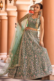 Lime Green Net Sequins & Thread Embroidered Bridal Lehenga Set