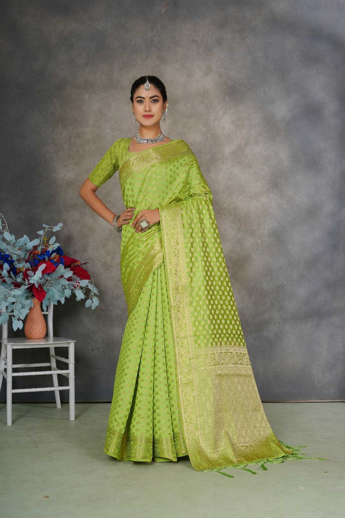 Elegant Green Soft Tusser Silk Saree with Jacquard Blouse