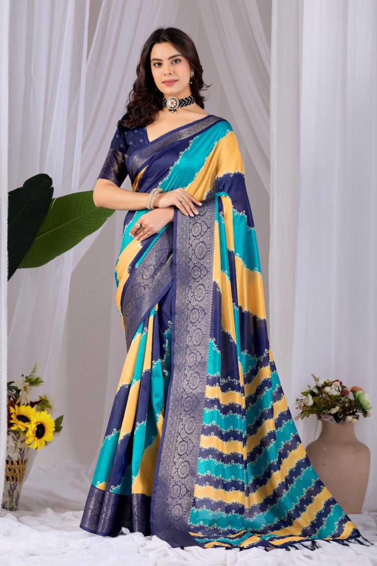 Soft Lichi Silk Saree with Diagonal Patola Print & Woven Zari Border