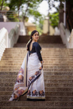 White Linen Cotton Digital Printed Saree with Banglory Blouse