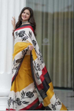 Yellow & White Linen Digital Printed Saree with Banglory Satin Blouse