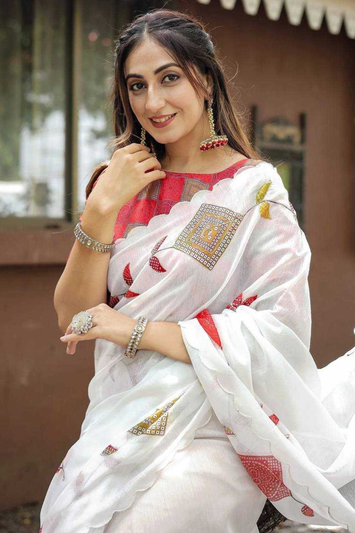 White Soft Chanderi Cotton Saree with Embroidery & Zari Patti Border