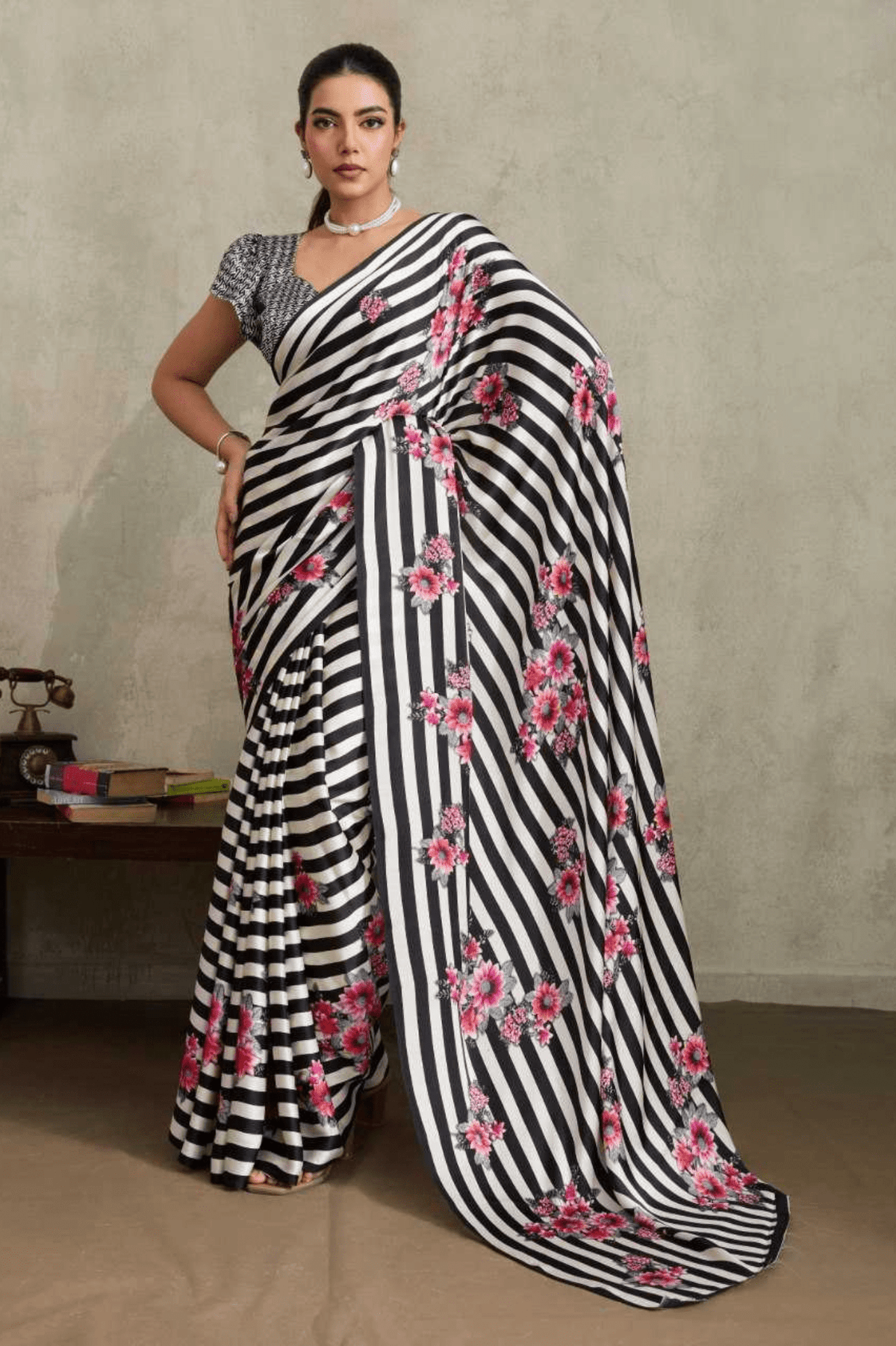 Modern Monochrome Ajrakh Modal Satin Saree - kavyo.in