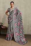 Modern Monochrome Ajrakh Modal Satin Saree - kavyo.in