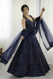 Navy Blue Sequin Embroidered Net Lehenga Choli with Dupatta