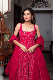 Ruby Red Faux Georgette Anarkali Set with Sharara & Lace Dupatta - kavyo.in