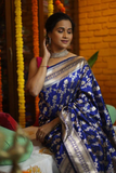 Cobalt Bloom Banarasi Soft Silk All-Over Silver Zari Saree