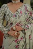 Elegant Floral Heavy Chinnon Ready-to-Wear Saree with Mirror Lace Border