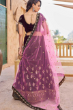 Wine Velvet Embroidered Zari Work Lehenga Set with Net Dupatta