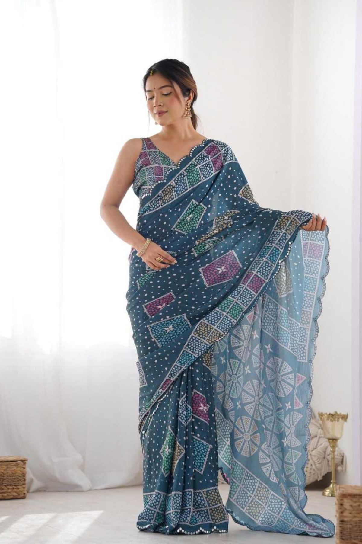 Royal Blue Kutchi Print Heavy Chinnon Saree with Mirror Lace Border