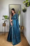 Navy Blue Soft Geemichu Silk Saree with Designer Embroidered Cutwork Border