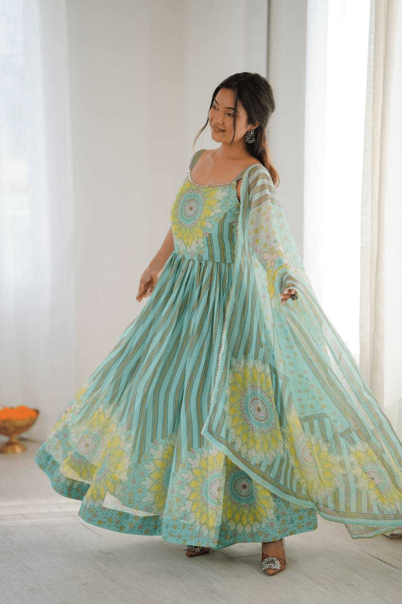 Aqua Blue Sunflower Lehriya Printed Fox Georgette Anarkali Suit Set - kavyo.in