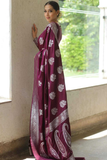 Wine Paisley Banarasi Soft Silk Silver Zari Woven Saree
