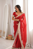 Ratna Rouge Pure Fandi Satin Silk Saree with Pearl Embellishment, Real Mirror & Zari Lace Border