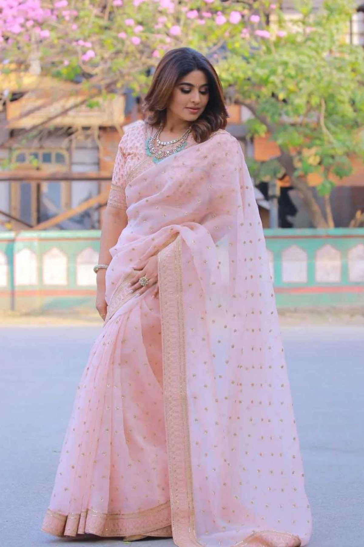 Peach Organza Silk Saree with Elegant Embroidery Zari Work
