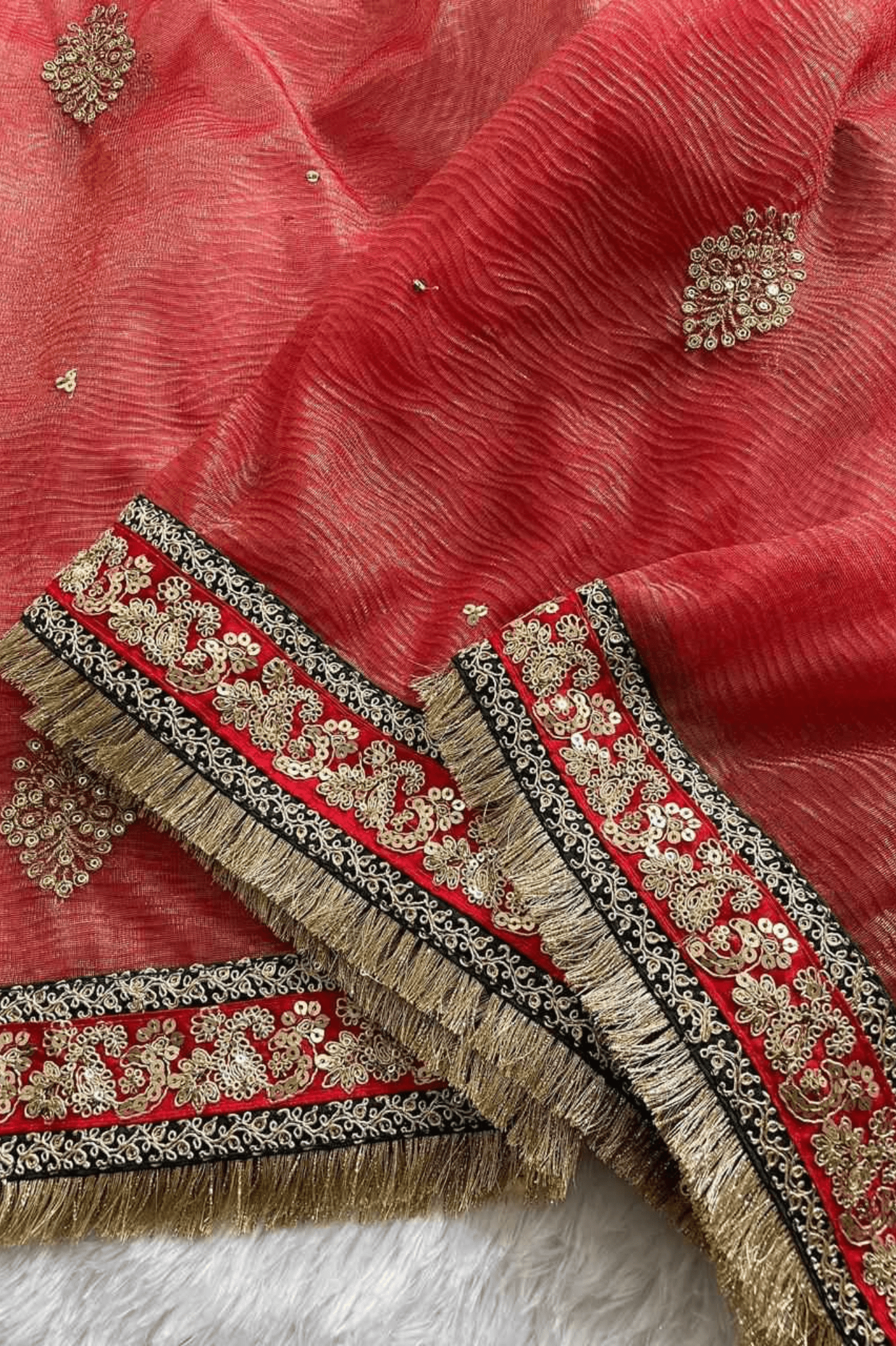 Rani Ember Heavy Banarasi Crush Silk Saree with Embroidered Sequin Blouse - kavyo.in