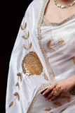 Premium White Georgette Saree with Golden Zari Embroidery & Sequin Detailing