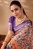 Soft Lichi Silk Saree with Digital Ethnic Motif Print & Royal Purple Zari Border
