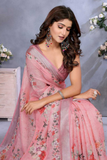 Charming Pink Linen Shimmer Floral Printed Saree