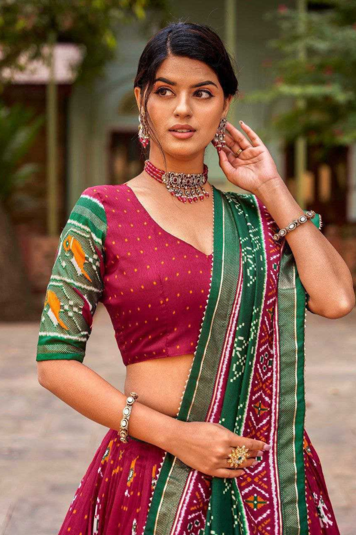 Rajwada Tussar Silk Patola Print & Foil Work Lehenga Set