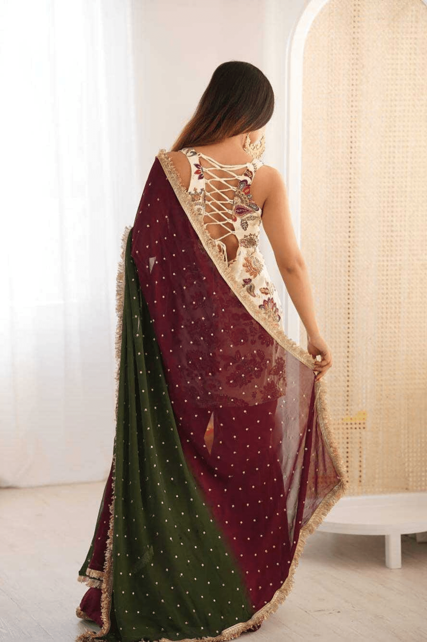 Ivory & Wine Embroidered Natural Silk Kurti Sharara Set with Faux Georgette Dupatta - kavyo.in