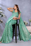 Charming Green Linen Shimmer Floral Printed Saree
