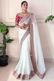 Off White Banarasi Crush Saree with Maroon Embroidered Blouse & Sequins Border