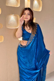 Royal Blue Soft Fandy Satin Saree with Swarovski Diamond & Zarkan Work