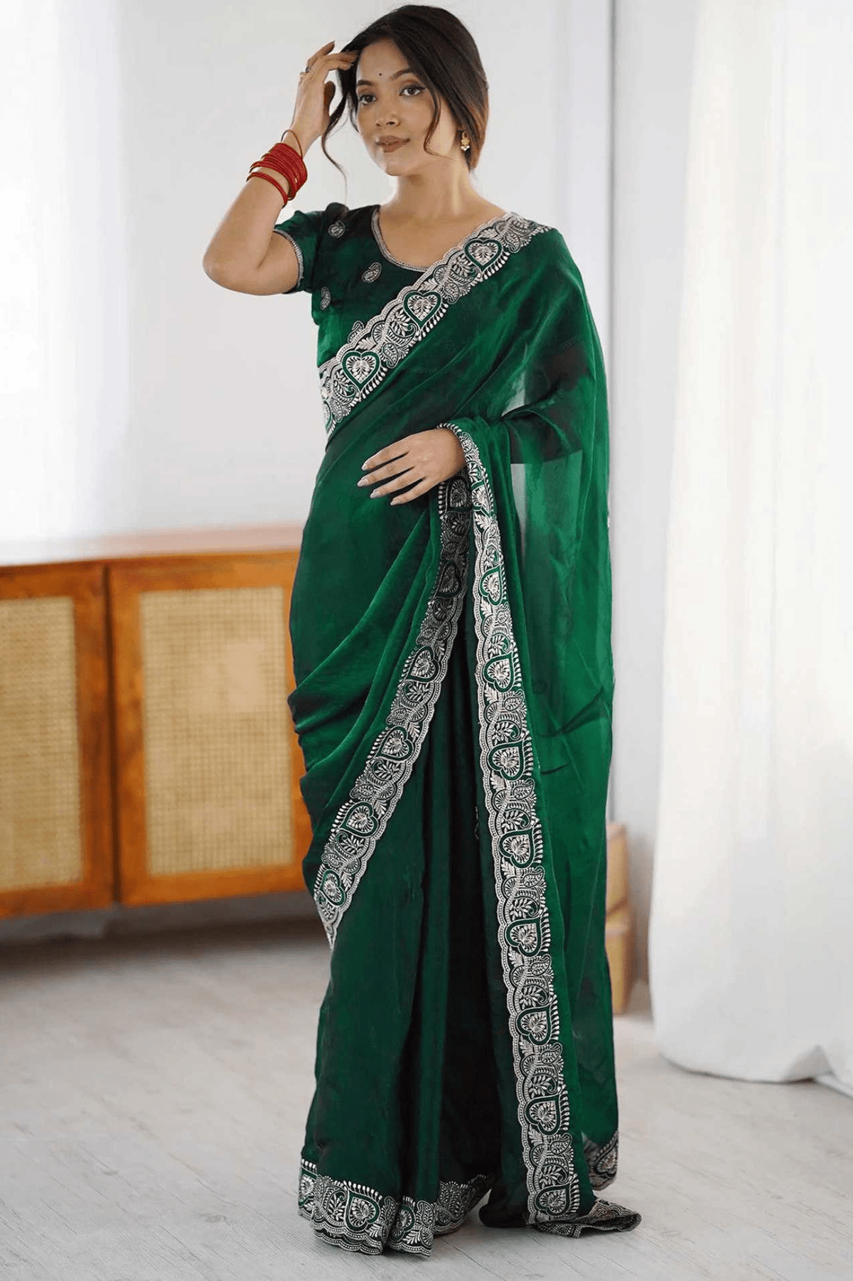 Green Rangoli Party Wear Saree with Embroidered Border Lace - kavyo.in