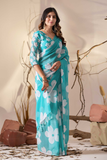 Soft Georgette Aqua Blue Saree with Bold White Floral Digital Print & Tassel Pallu