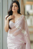 Blush Pink Satin Organza Saree with Sequin & Threadwork Embroidery