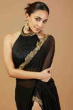 Kiara Inspired Elegant Black Georgette Saree with Golden Zari & Sequins Border