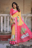 Yellow & Pink Pure Linen Saree with Silver Border & Tassels