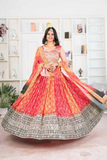 Chinon Silk Ombre Orange & Red Embroidered Lehenga Choli with Dupatta