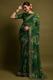 Green Floral Georgette Saree with Golden Embroidered Lace Border