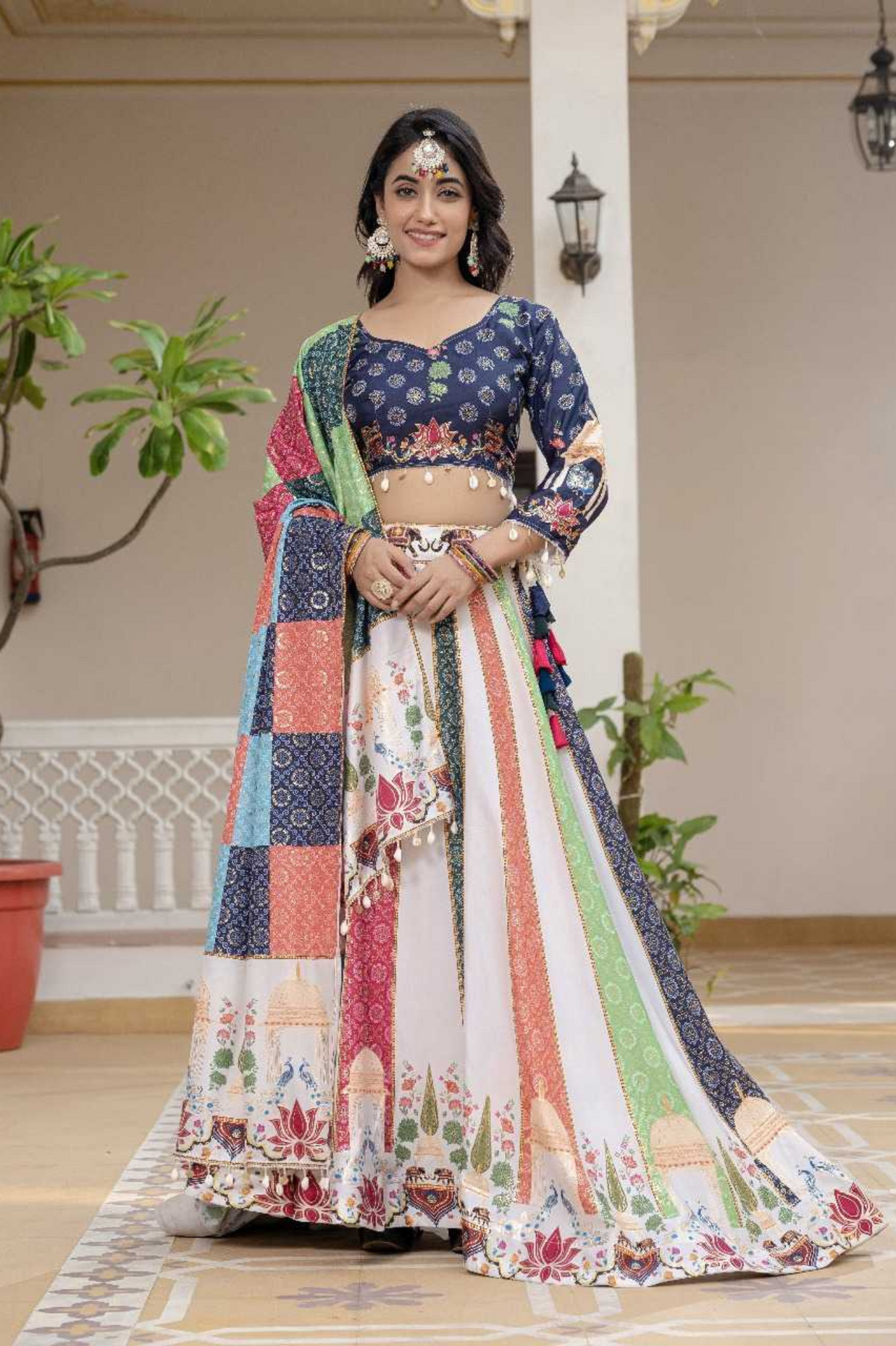 Multicolor Crepe Silk Lehenga Choli with Foil Crepe Silk Dupatta