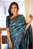 Teal Banarasi Lichi Silk All-Over Zari Floral Woven Saree