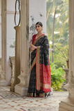 Black Soft Desi Raw Silk Saree with Pochampally Ikkat Concept & Zari Weaving Border