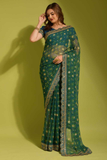 Dark Green Georgette Chiffon Saree with Floral Foil Print and Embroidered Lace Border
