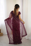 Net Saree with Heavy Sequins & Dori Work- Wine