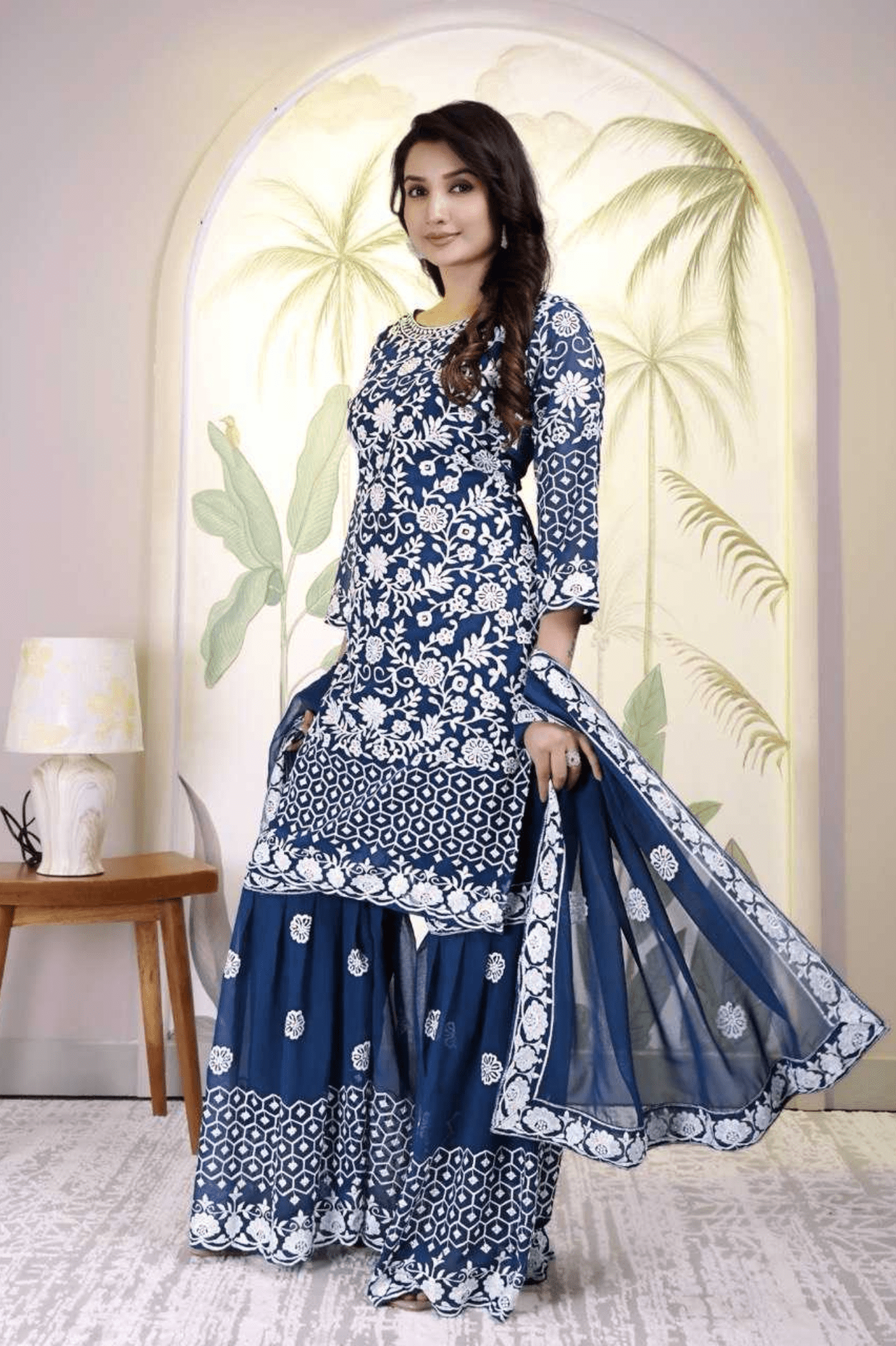 Navy Blue Faux Georgette Embroidered Palazzo Suit with Dupatta - kavyo.in