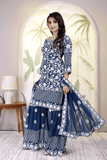 Navy Blue Faux Georgette Embroidered Palazzo Suit with Dupatta - kavyo.in