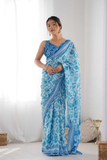 Sky Blue Floral Heavy Chinnon Saree with Mirror Lace Border