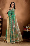 Green Soft Silk Saree with Gold Zari & Multicolor Accents