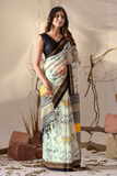 Soft Georgette Cream Saree with Bird Motifs and Mustard-Black Striped Pallu
