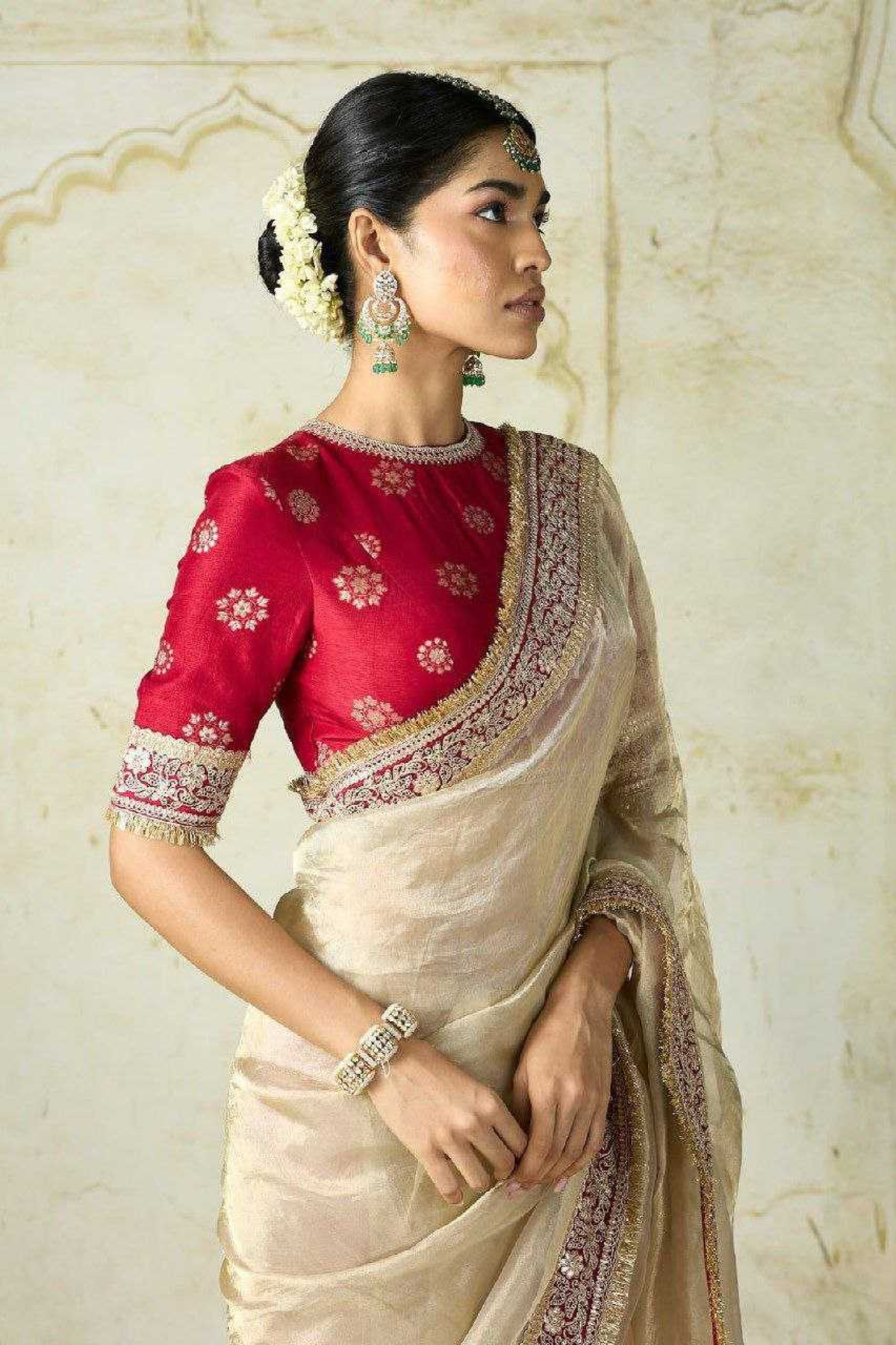 Golden Ivory Soft Net Saree with Heavy Banarasi Blouse