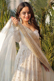 White Faux Georgette Sequin Embroidered Gown with Dupatta